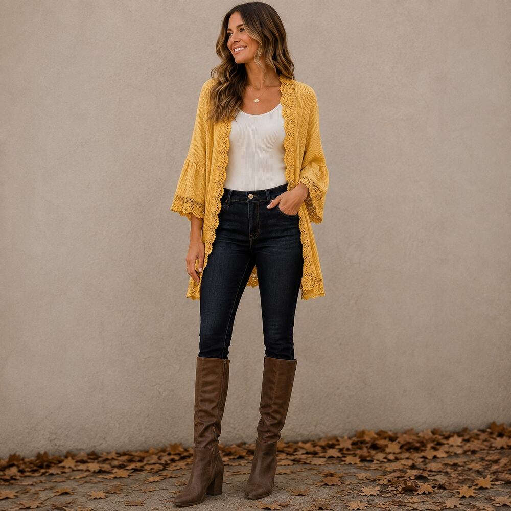 Women's Mustard Knit Flare Sleeve Cardigan Size Medium